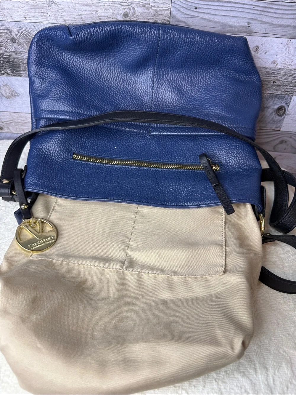 Valentina Navy Blue Pebbled Leather Crossbody with Gold Hardware